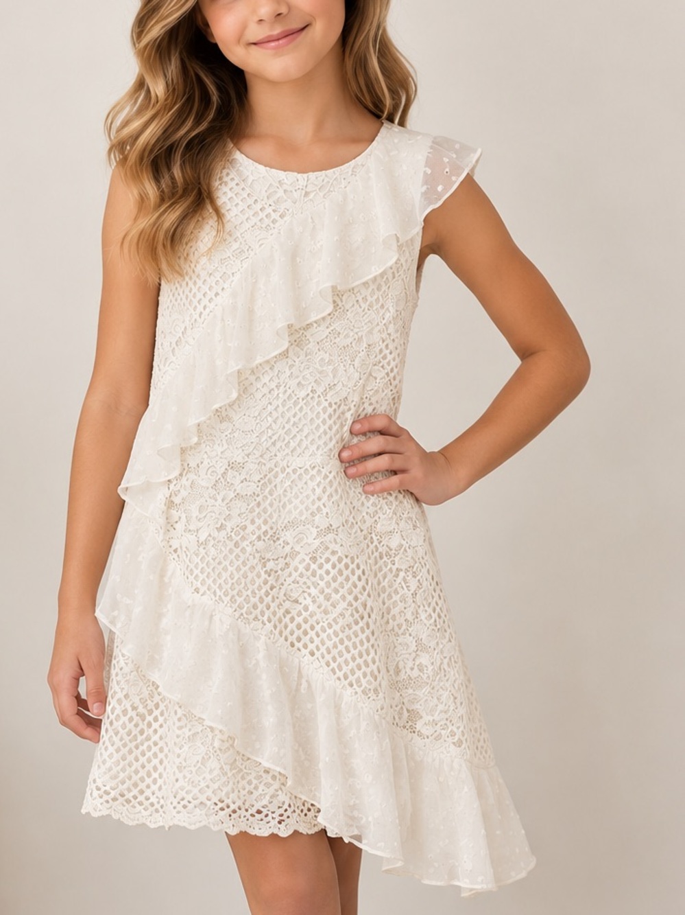 Ivory Crochet Lace Ruffle Dress Girls 10 Boho Party Flower Girl BCBGirls
